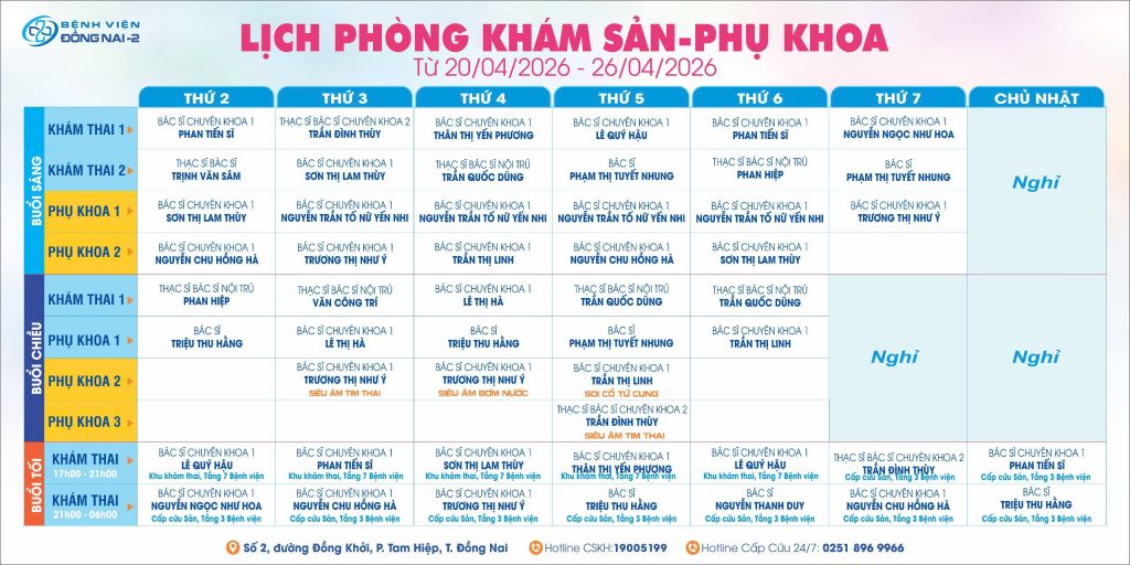 LỊCH PHÒNG KHÁM SẢN PHỤ KHOA 20/04 – 26/04/2026