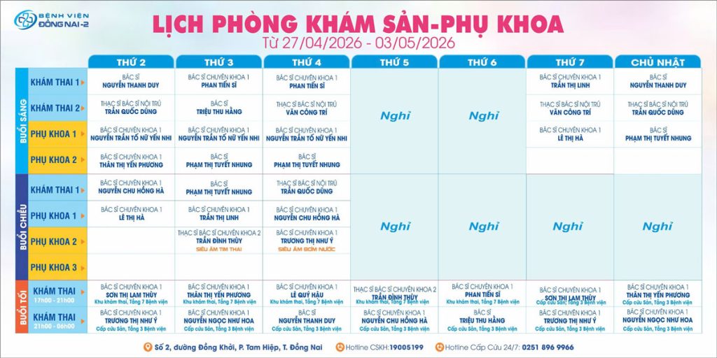 Lịch phòng khám Thai 27/04 - 03/05/2026