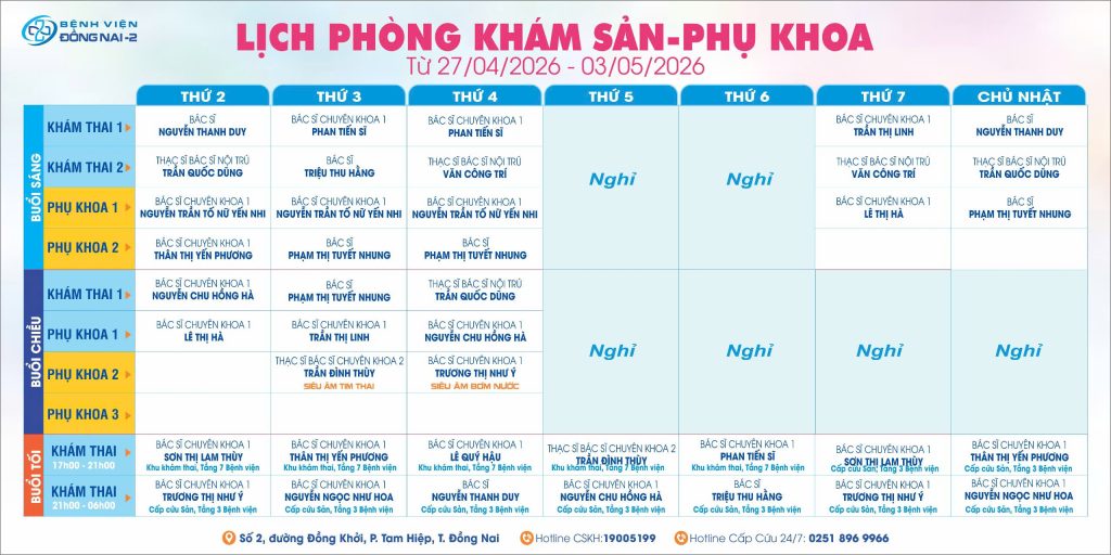 LỊCH PHÒNG KHÁM SẢN PHỤ KHOA 27/04 – 03/05/2026 
