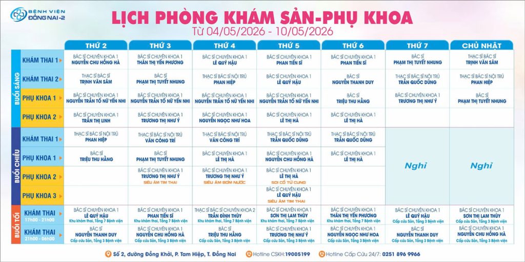 Lịch phòng khám Thai 04/05 - 10/05/2026