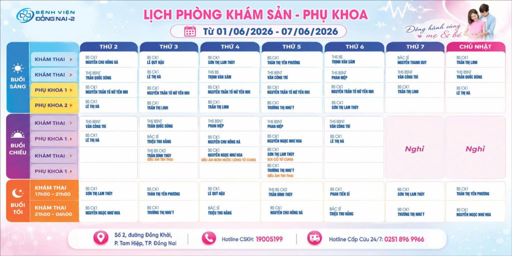 Lịch khám khoa phụ sản 01/06 – 07/06/2026