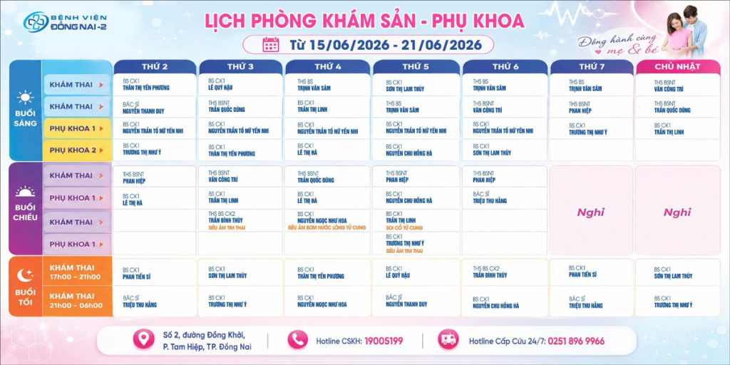 Lịch khám khoa phụ sản 15/06 – 21/06/2026
