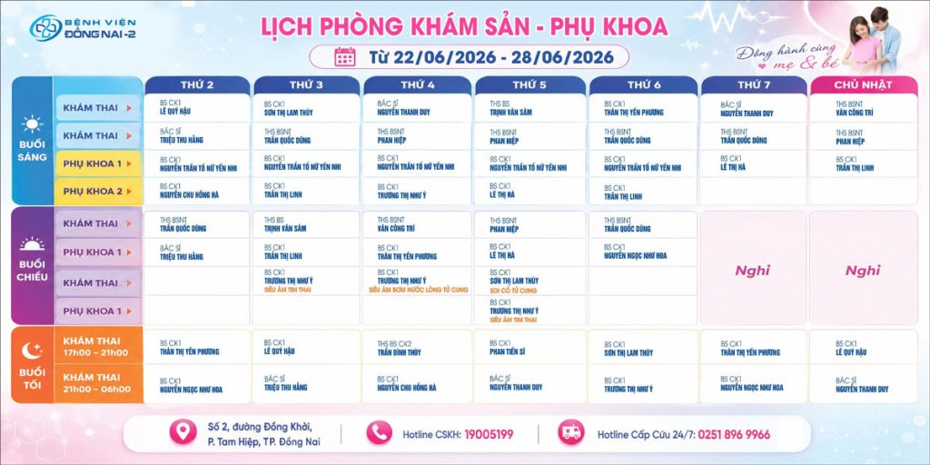 Lịch khám khoa phụ sản 22/06 – 28/06/2026