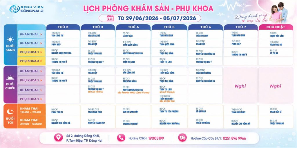 Lịch Khám Khoa Phụ Sản (29/06 – 05/07/2026)