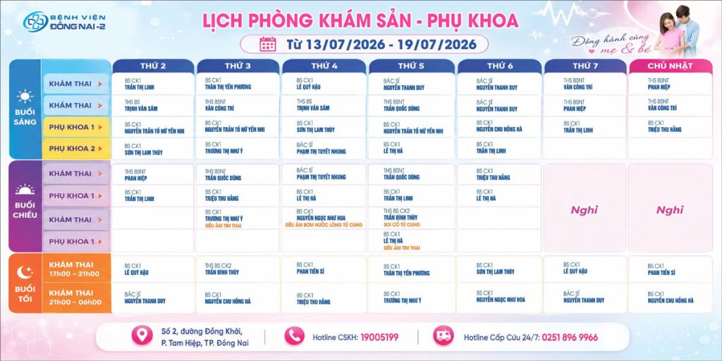 Lịch khám Khoa Phụ sản (13/07–19/07/2026)