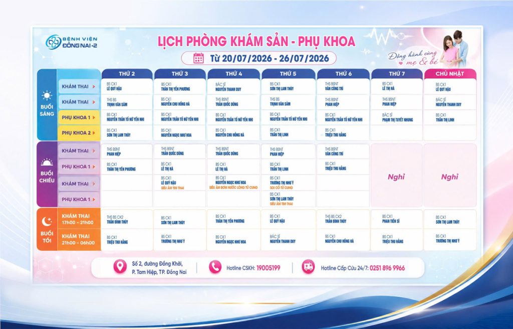 Lịch khám Khoa Phụ sản (20/07–26/07/2026)