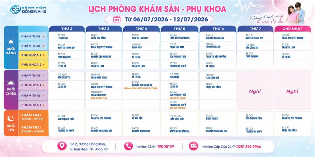 Lịch khám Khoa Phụ sản (06/07–12/07/2026)