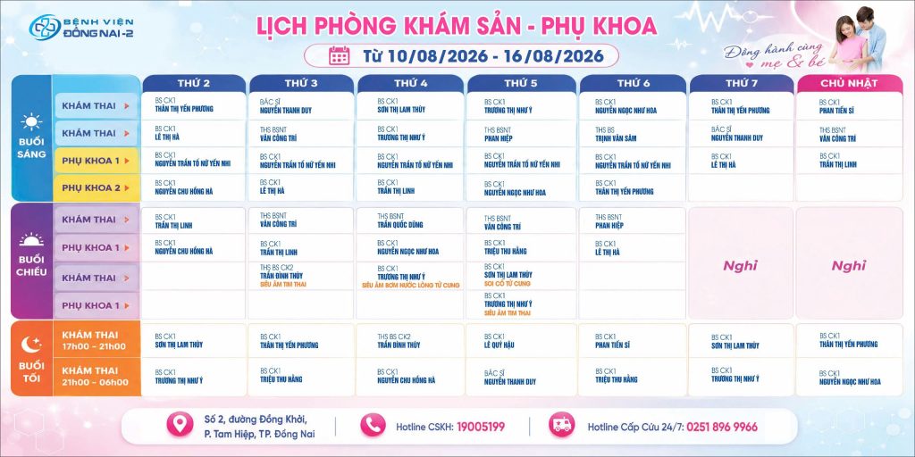 Lịch khám Khoa Phụ sản (10/08- 16/08/2026) 