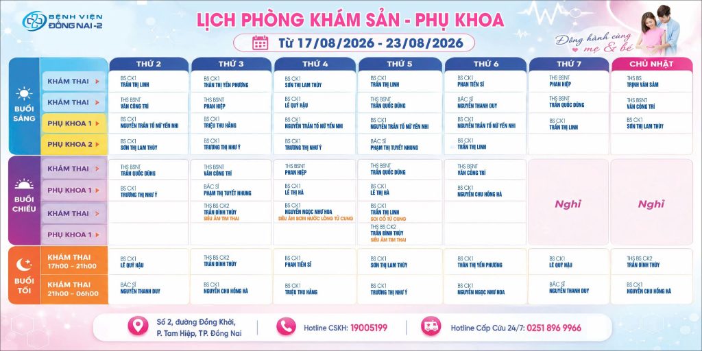 Lịch khám Khoa Phụ sản (17/08- 23/08/2026)