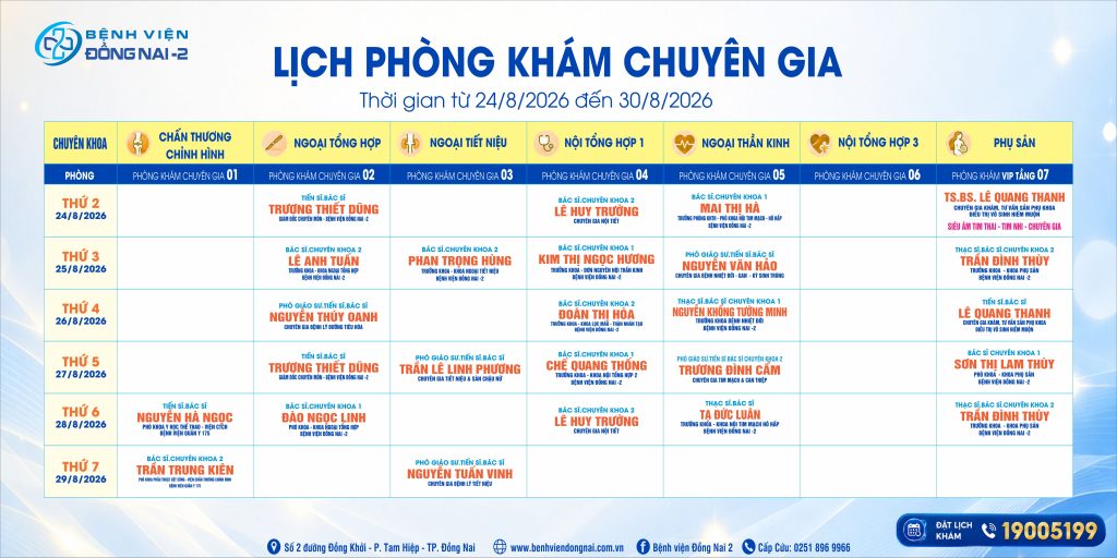 Lịch khám Khu Khám Chuyên gia (24/08- 30/08/2026)