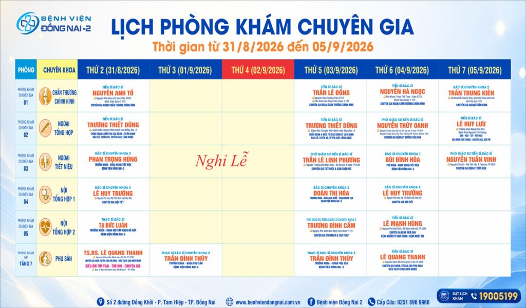 Lịch khám Khu Khám Chuyên gia (31/08- 05/09/2026)