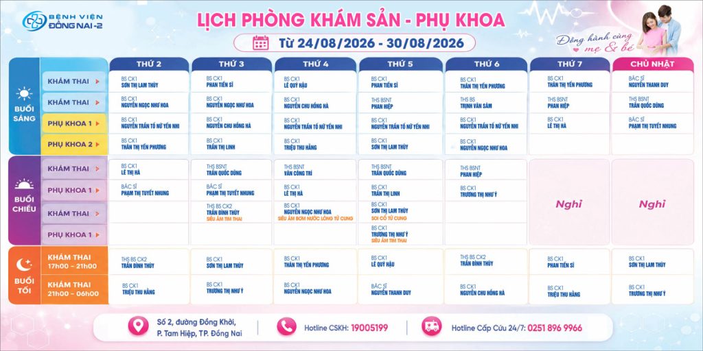 Lịch khám Khoa Phụ sản (24/08- 30/08/2026)