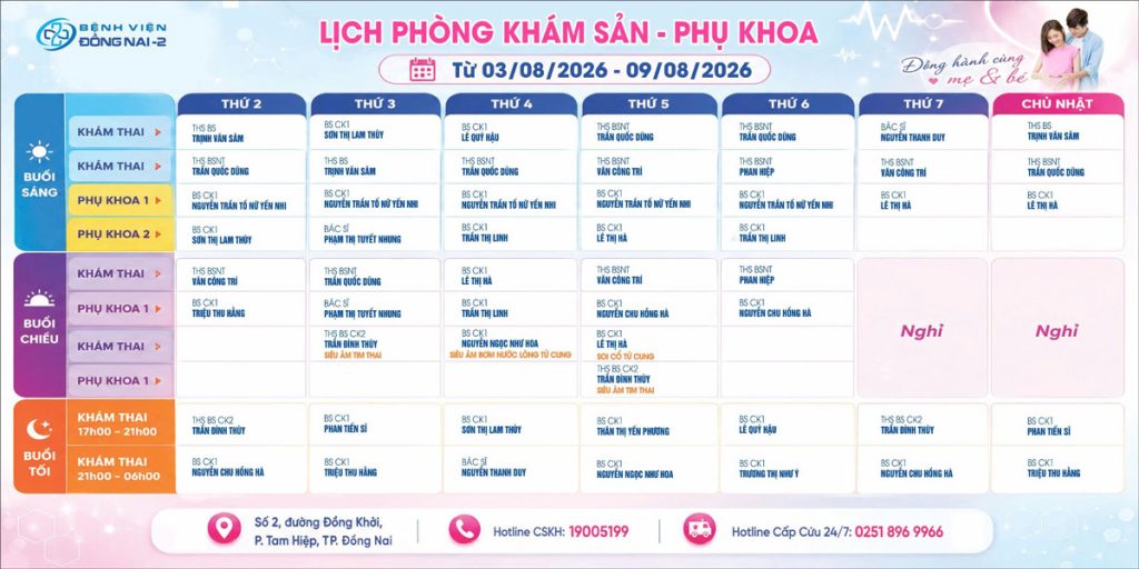 Lịch khám Khoa Phụ sản (03/08- 09/08/2026)