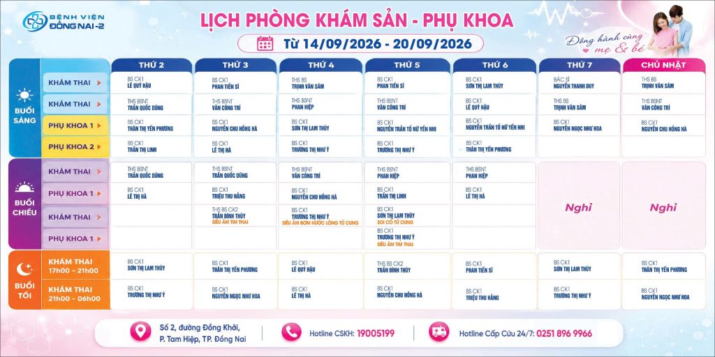 Lịch khám Khoa Phụ sản (14/09- 20/09/2026)