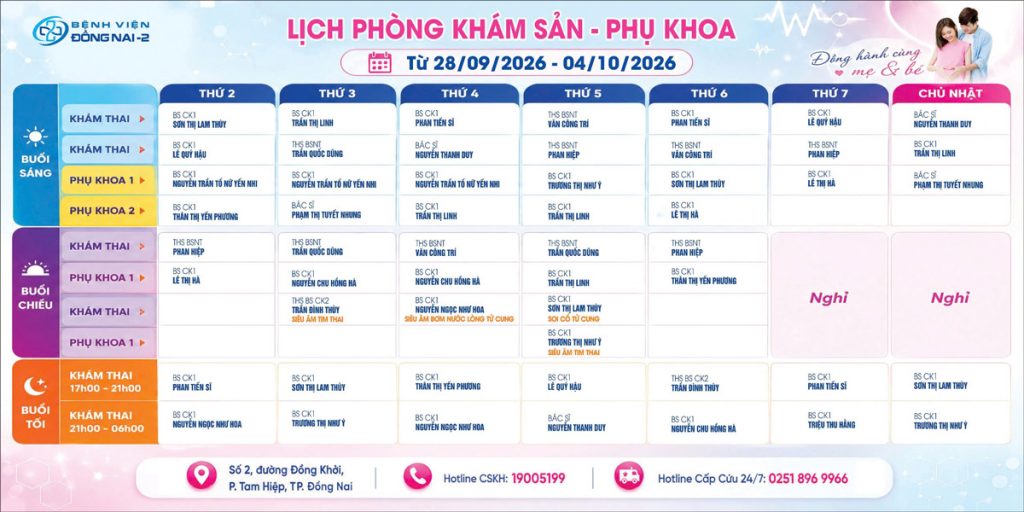 Lịch khám Khoa Phụ sản (28/09- 04/10/2026)