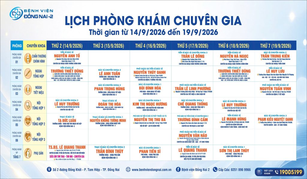Lịch khám Khu Khám Chuyên gia (14/09- 19/09/2026)