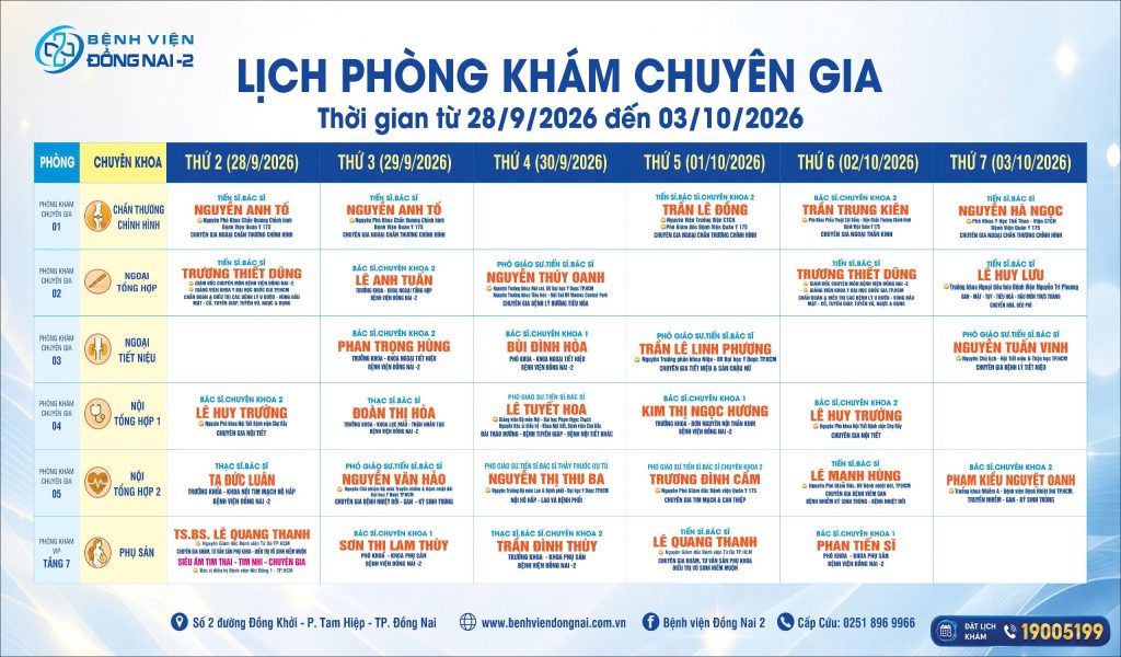 Lịch khám Khu Khám Chuyên gia (28/09- 03/10/2026)