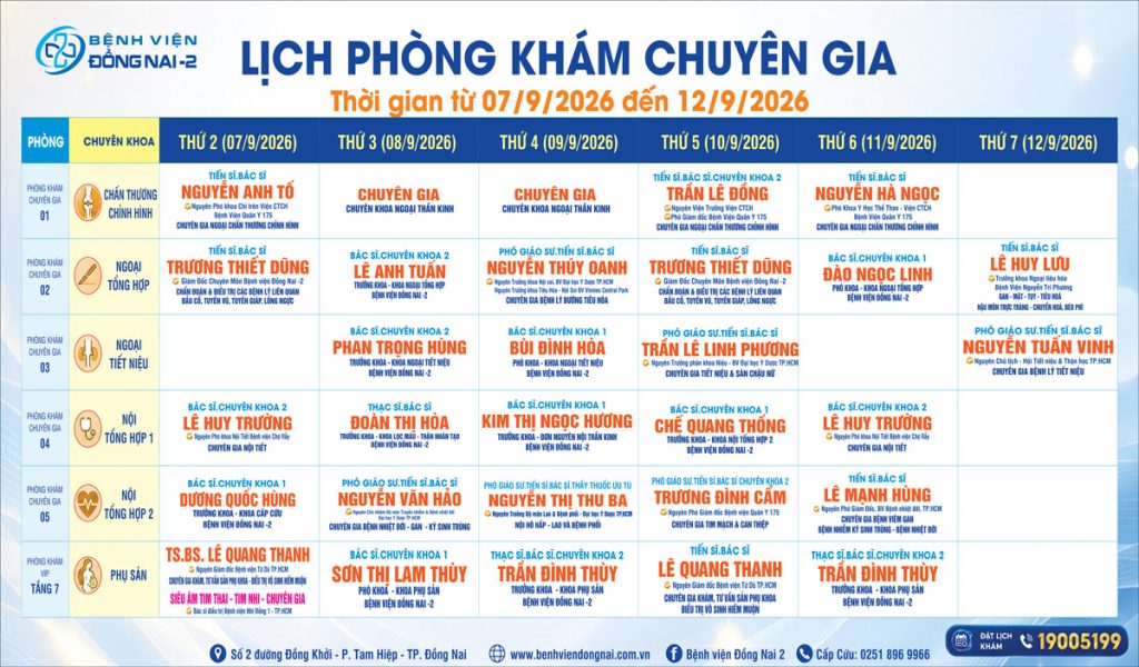Lịch khám Khu Khám Chuyên gia (07/09- 12/09/2026)