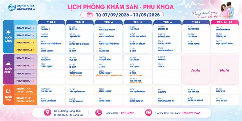 Lịch khám Khoa Phụ sản (07/09- 13/09/2026)