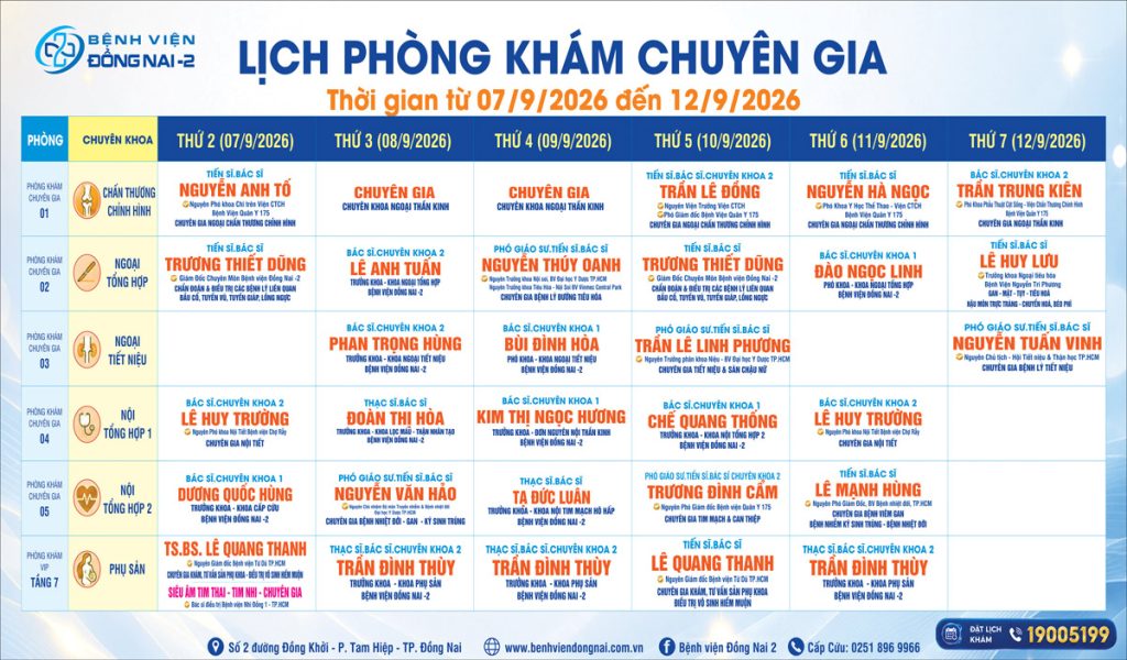 Lịch khám Khu Khám Chuyên gia (07/09- 12/09/2026)