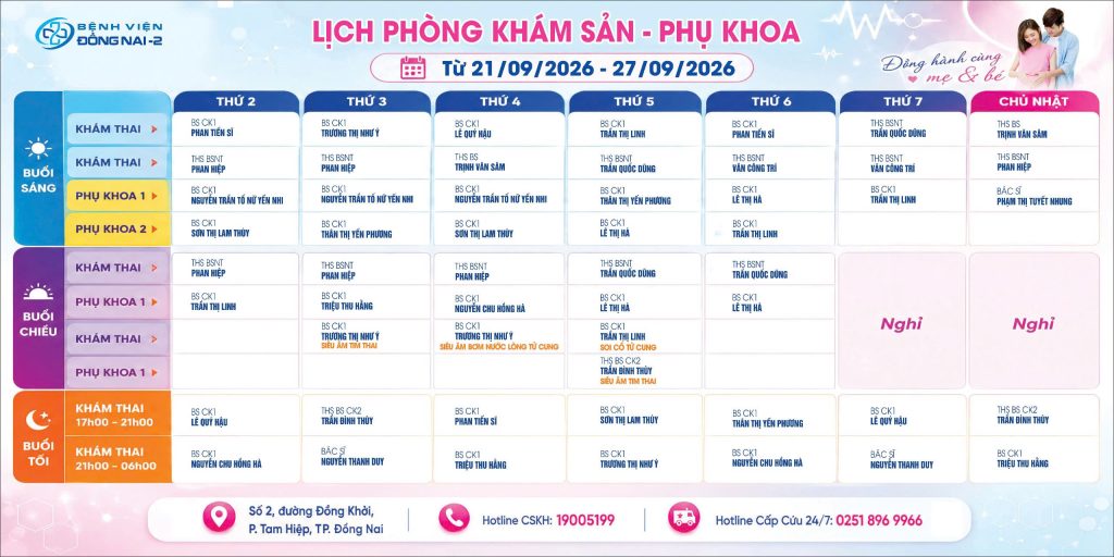 Lịch khám Khoa Phụ sản (21/09- 27/09/2026)