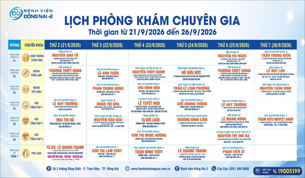 Lịch khám Khu Khám Chuyên gia (21/09- 26/09/2026)