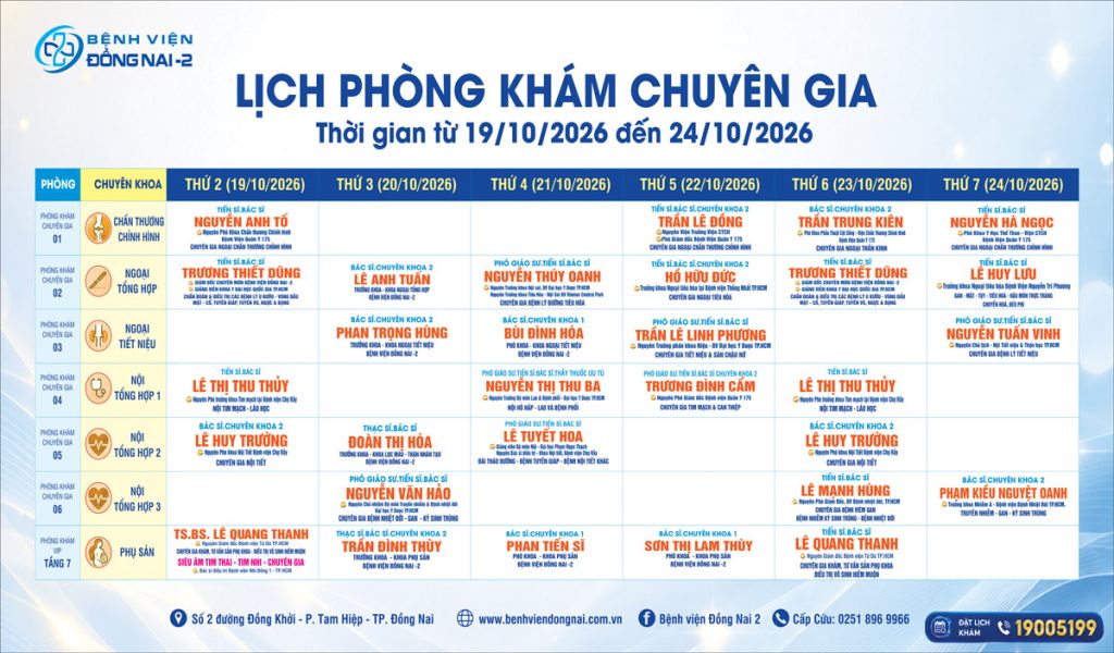 Lịch khám Khu Khám Chuyên gia (19/10- 24/10/2026)