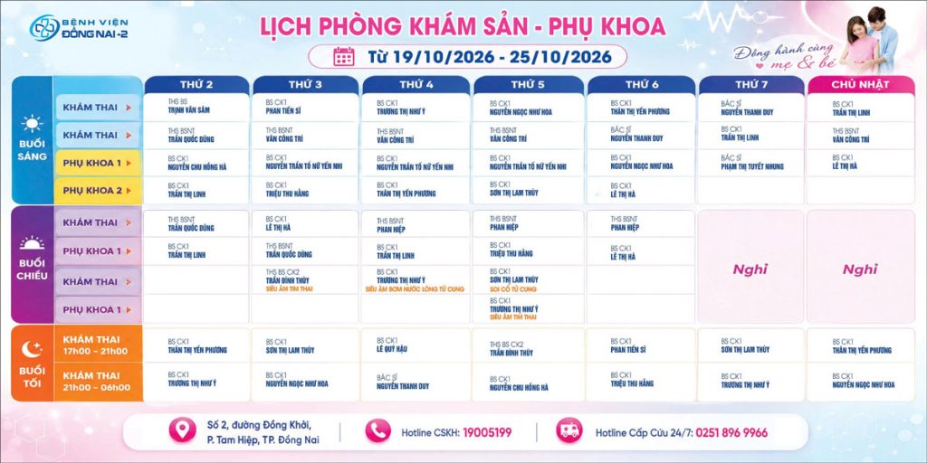 Lịch khám Khoa Phụ sản (19/10- 25/10/2026)