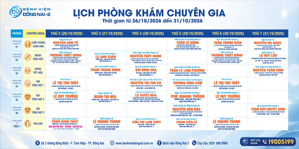 Lịch khám Khu Khám Chuyên gia (26/10- 31/10/2026)