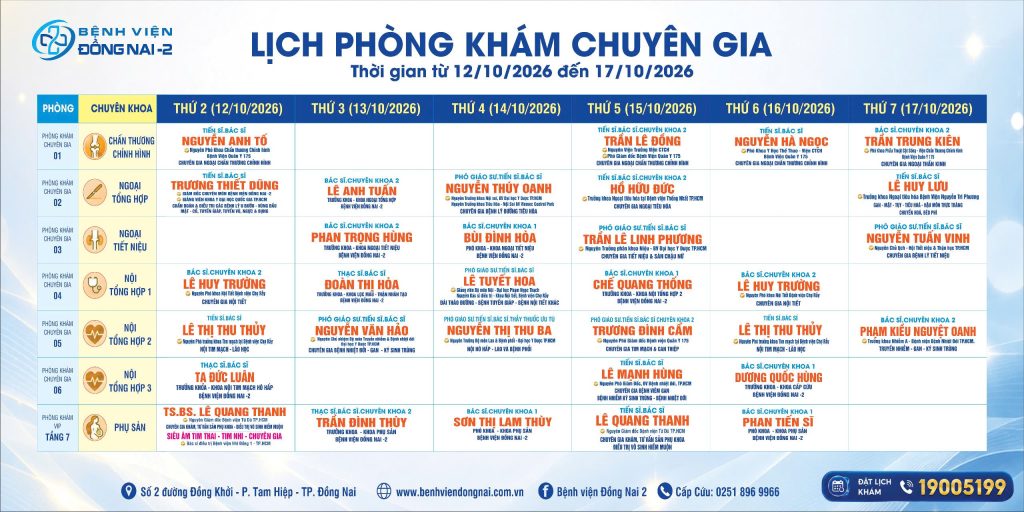 Lịch khám Khu Khám Chuyên gia (12/10- 17/10/2026)