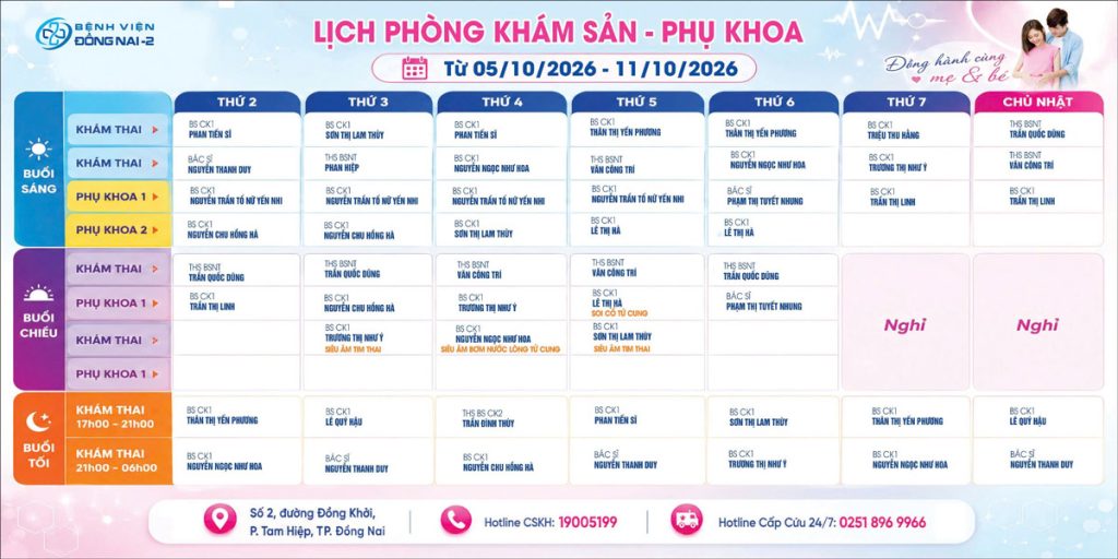 Lịch khám Khoa Phụ sản (05/10- 11/10/2026)