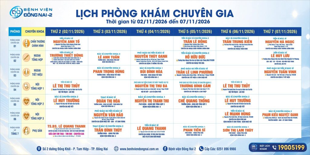 Lịch khám Khu Khám Chuyên gia (02/11 - 07/11/2026)